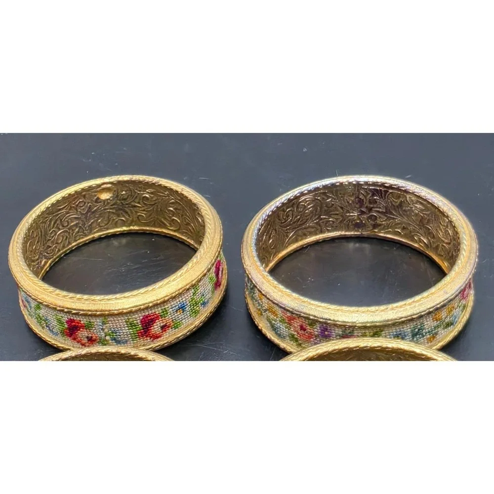 Vintage Petit Point Floral Napkin Rings Set of 4 Gold Tone Engraved Metal Rose